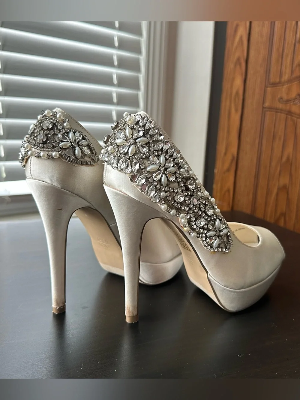 Paradox London Pink Satin Ivory Peep-Toe Platform Heels with Crystal Trim